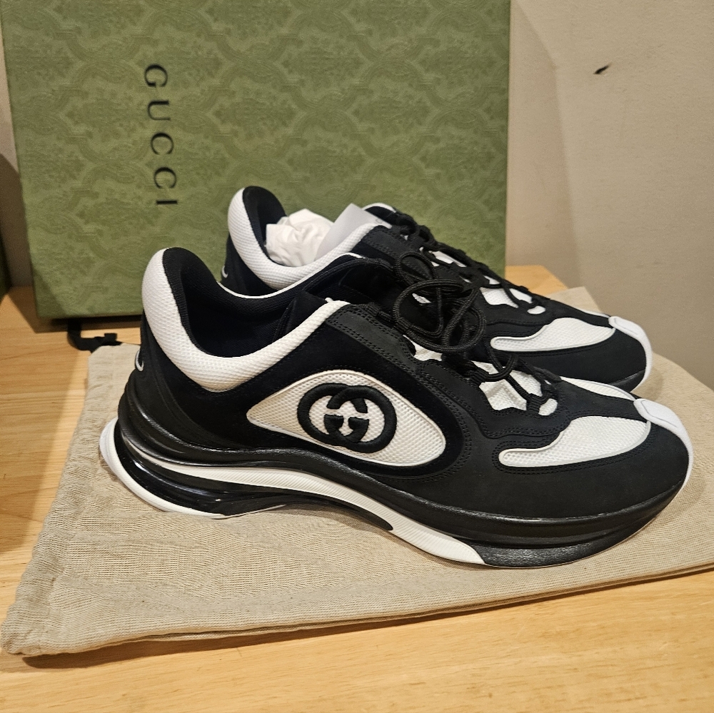 Gucci Run Sneakers Black White Suede Mesh GG Size UK 11 - Picture 7 of 8